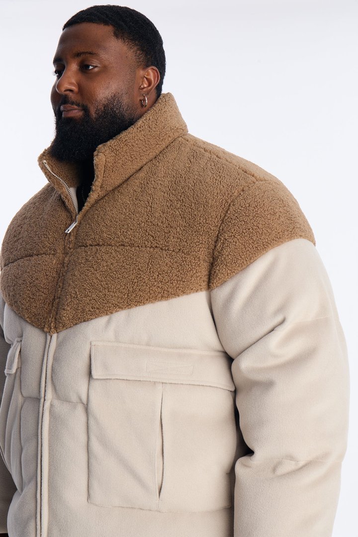 Textured Faux Fur Paneled Puffer Jacket - Beige