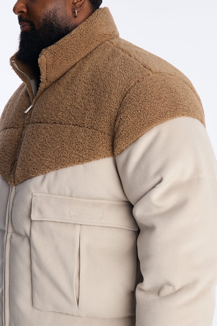 Textured Faux Fur Paneled Puffer Jacket - Beige