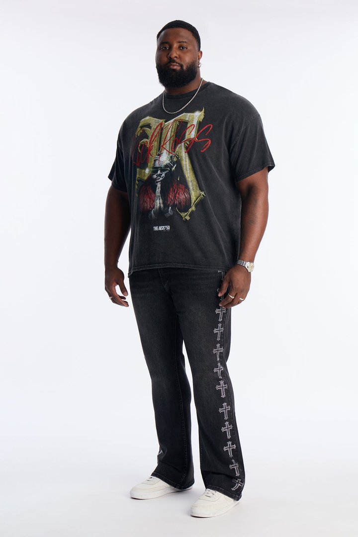 Stacked Skinny Flare Crosses Lined Down Jeweled Jean - Black Wash