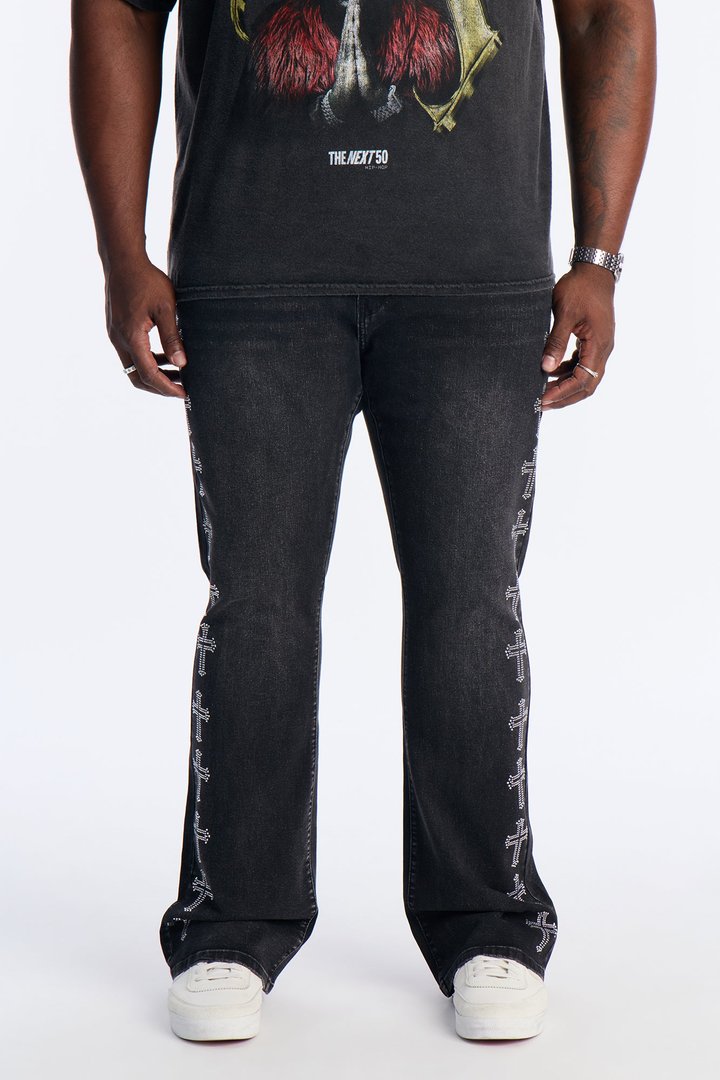 Stacked Skinny Flare Crosses Lined Down Jeweled Jean - Black Wash