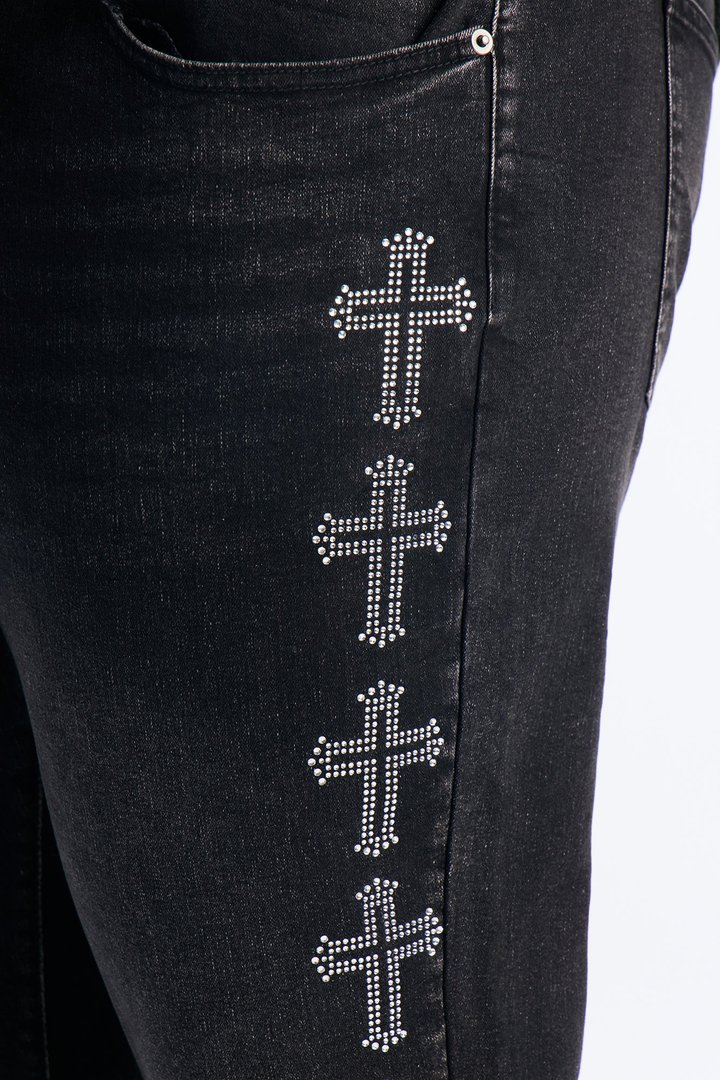 Stacked Skinny Flare Crosses Lined Down Jeweled Jean - Black Wash
