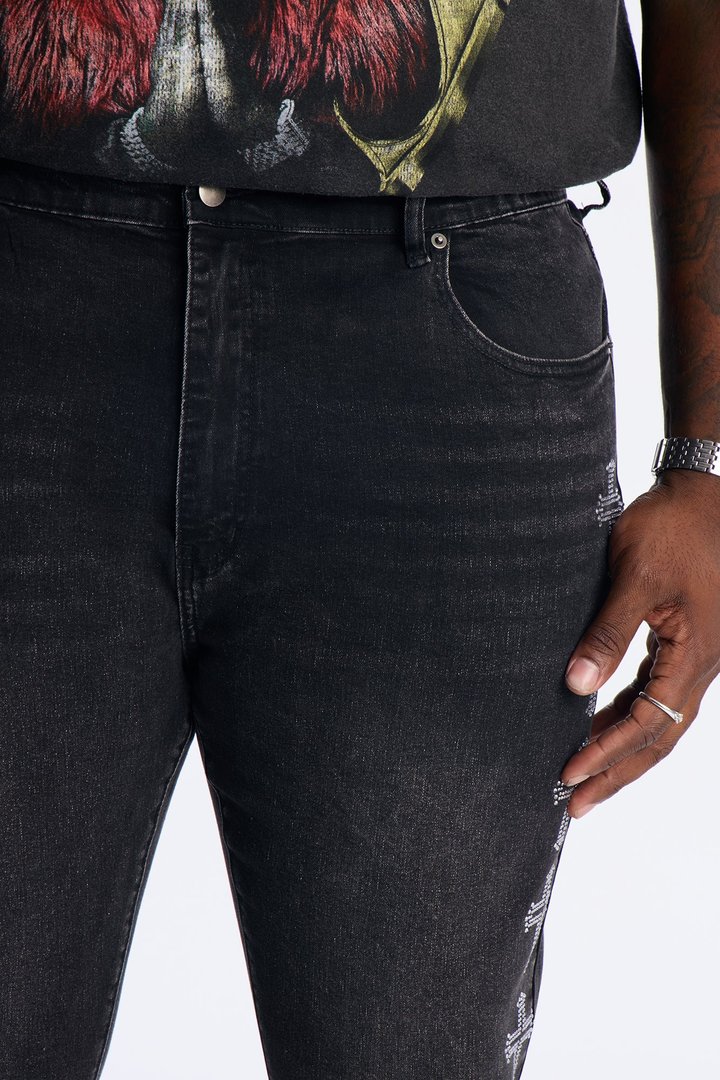 Stacked Skinny Flare Crosses Lined Down Jeweled Jean - Black Wash