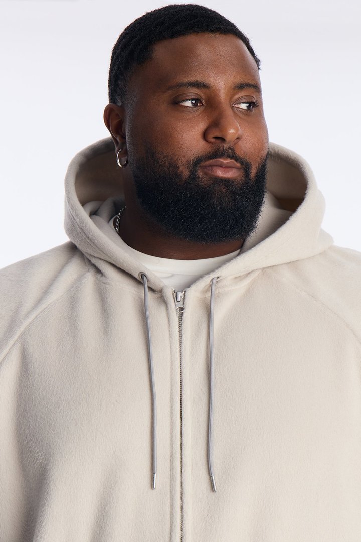 Fuzzy Textured Premium Zip Up Hoodie - Stone
