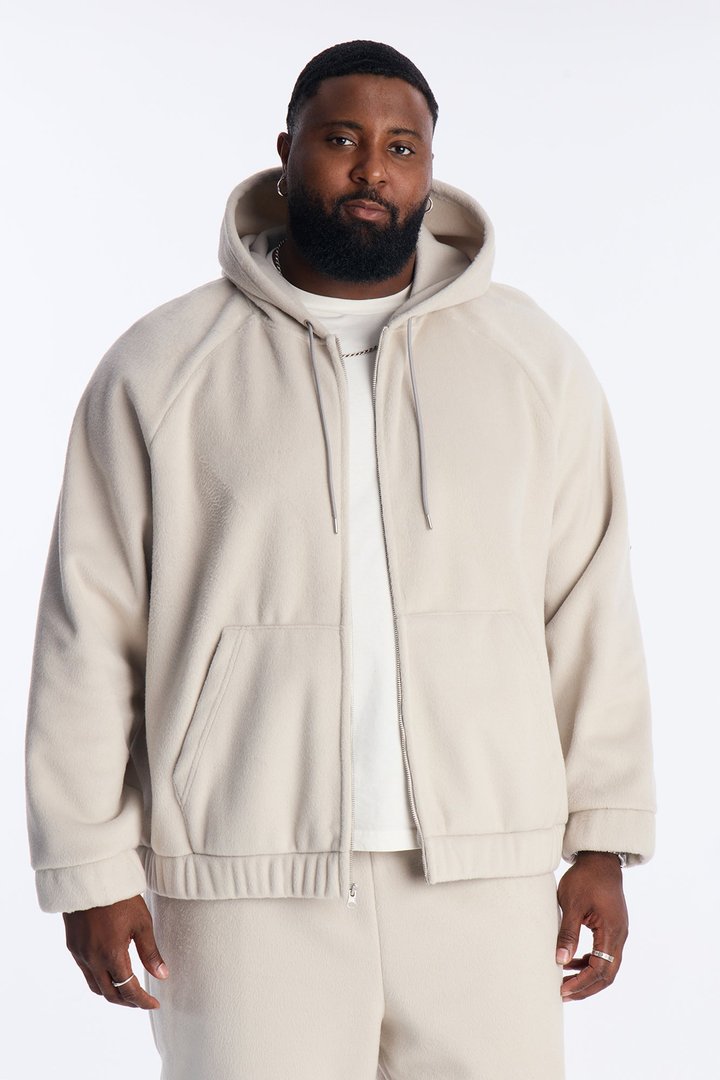 Fuzzy Textured Premium Zip Up Hoodie - Stone