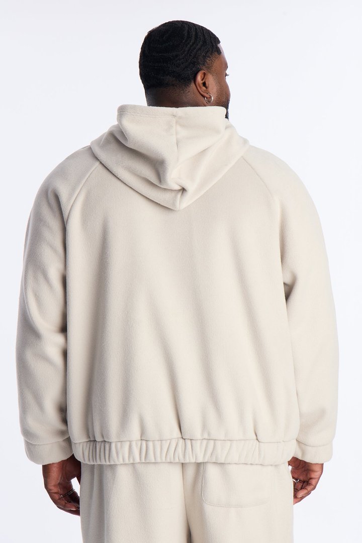 Fuzzy Textured Premium Zip Up Hoodie - Stone