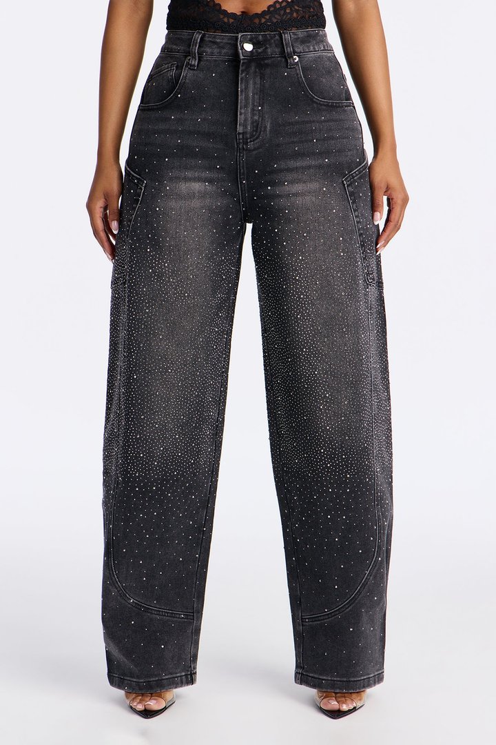 Show Stunner Embellished Rhinestone Jeans - Black Wash