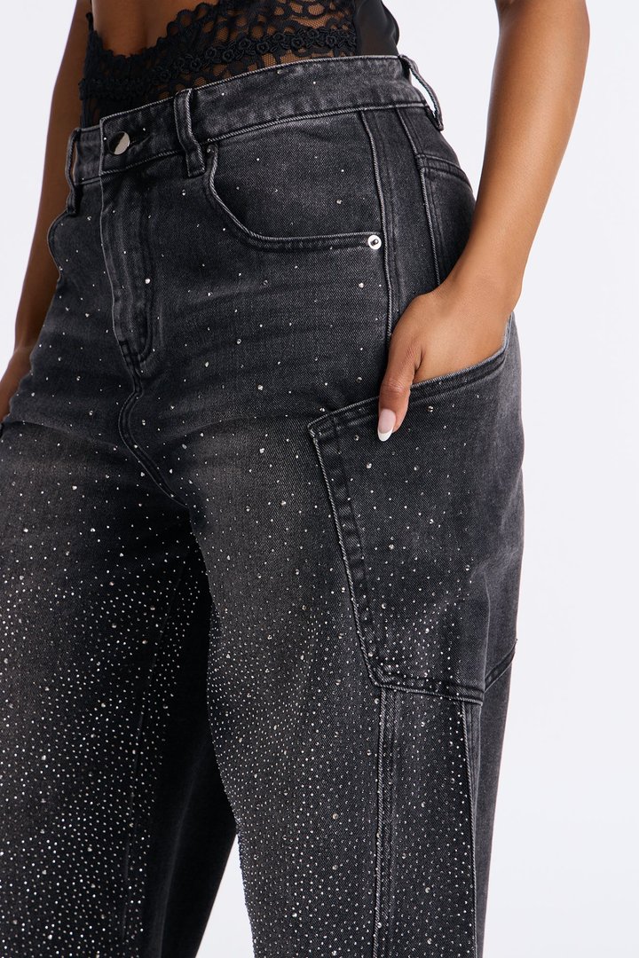 Show Stunner Embellished Rhinestone Jeans - Black Wash