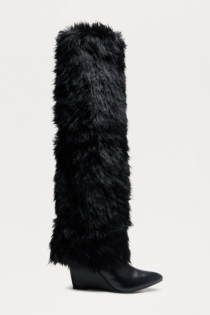 Cincinnati Faux Fur Thigh High Boots - Black