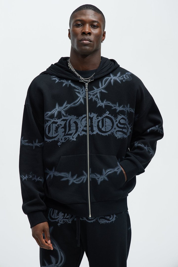 Tayson Chaos Oversized Zip Hoodie - Black