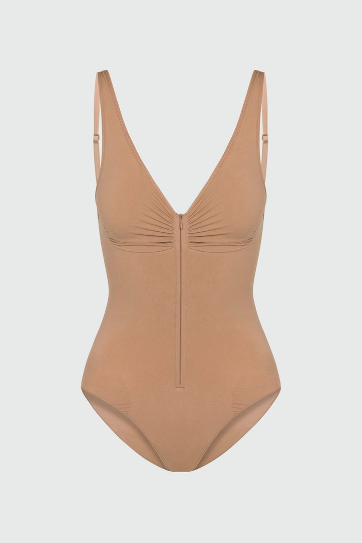 Nova Sculpt Seamless Strong Compression Zip Front Brief Bodysuit - Nude