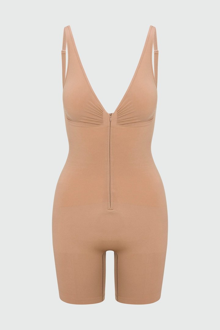 Nova Sculpt Seamless Strong Compression Zip Front Thigh Shaping Bodysuit - Nude