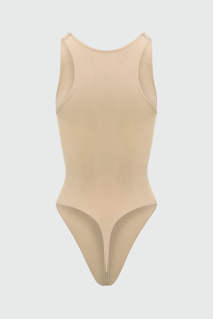 Nova Sculpt Seamless Strong Compression Scoop Neck Thong Bodysuit - Sand