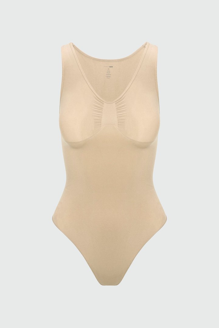 Nova Sculpt Seamless Strong Compression Scoop Neck Thong Bodysuit - Sand