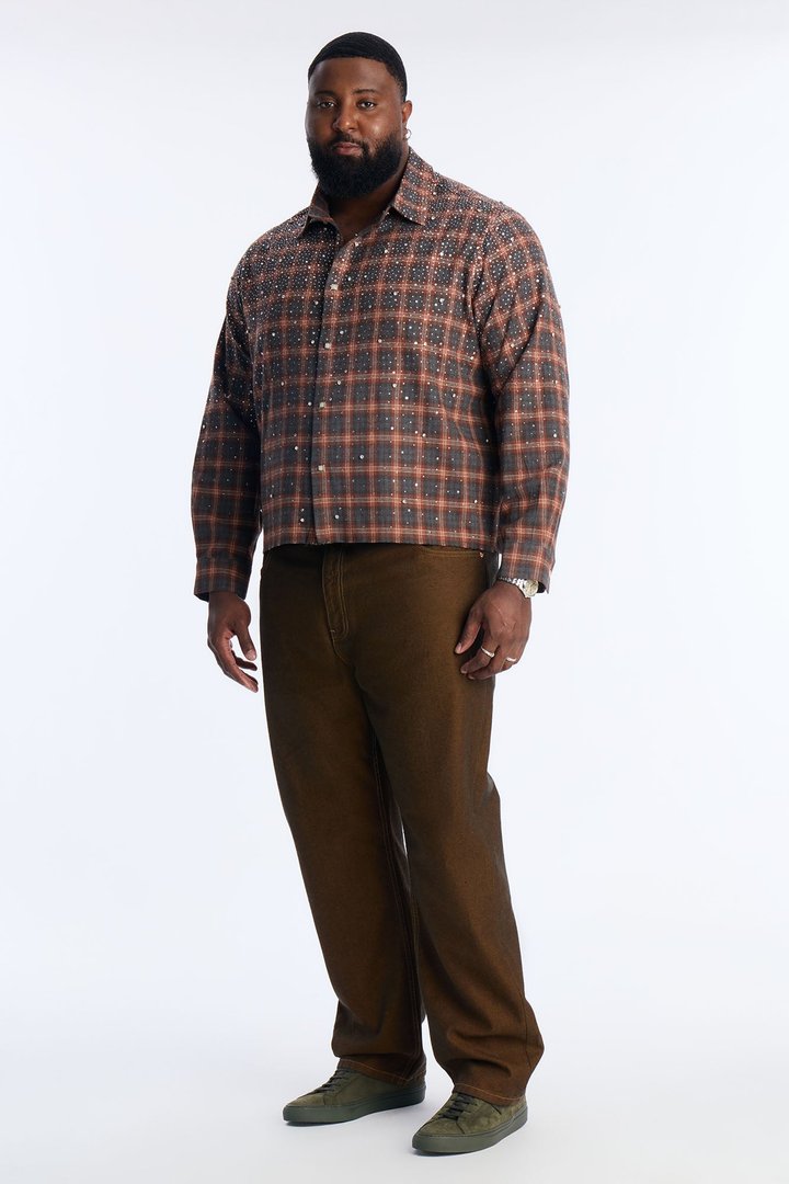 Cropped Axis Studded Plaid Button Up Shirt - Brown