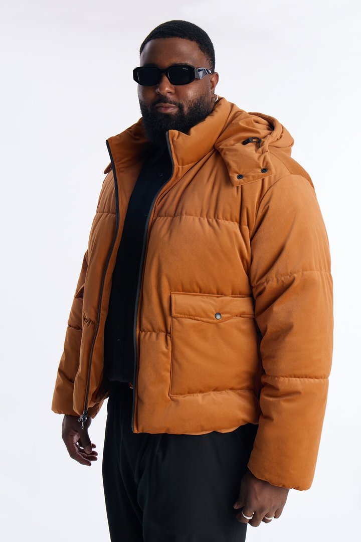Cropped Hooded Velvet Classic Puffer Jacket - Brown