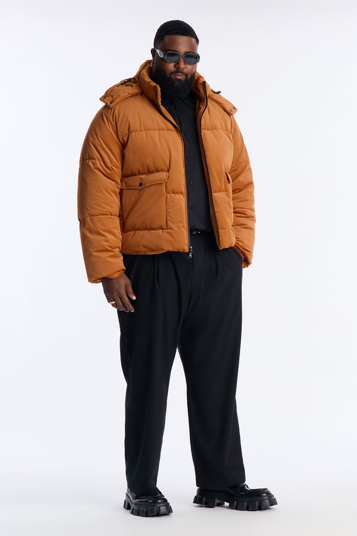 Cropped Hooded Velvet Classic Puffer Jacket - Brown