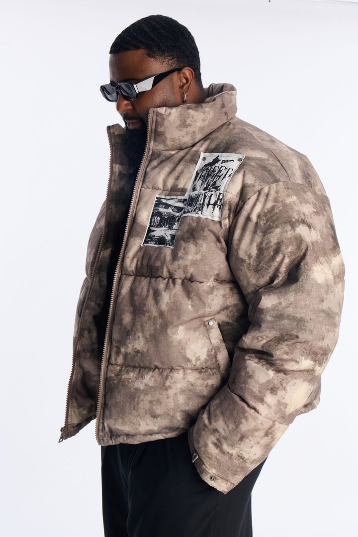 Cropped Camo Rebel Patched Puffer Jacket - Brown