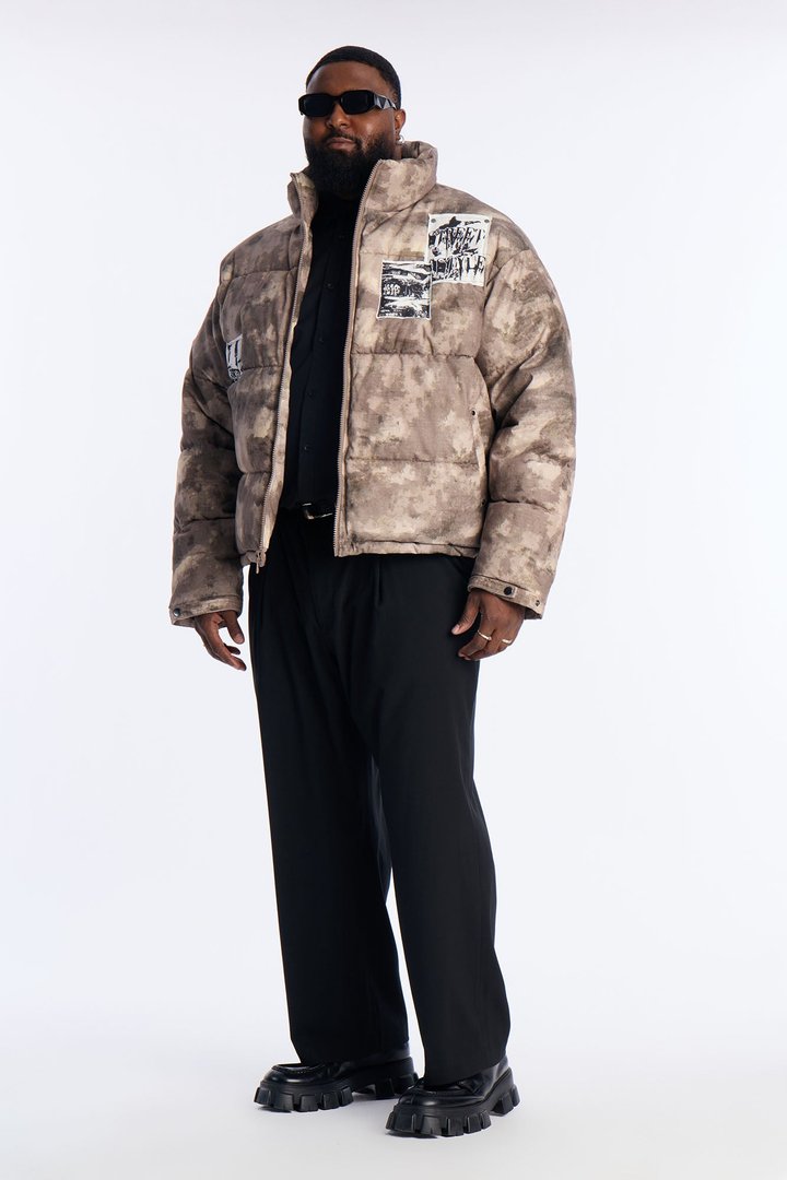Cropped Camo Rebel Patched Puffer Jacket - Brown