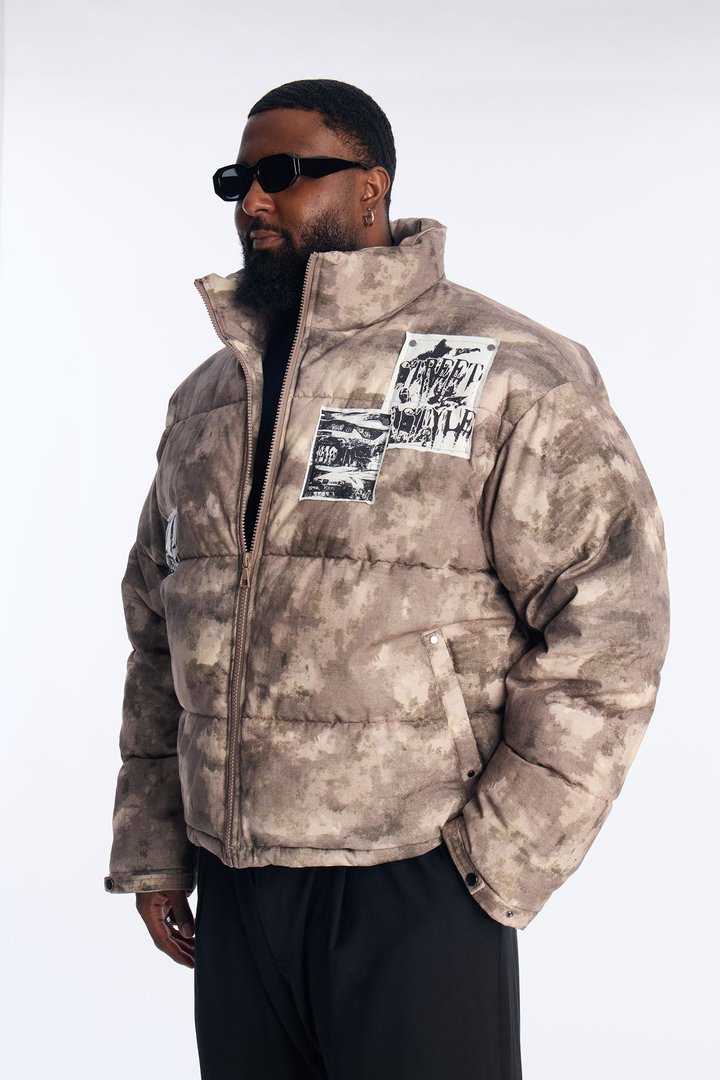Cropped Camo Rebel Patched Puffer Jacket - Brown