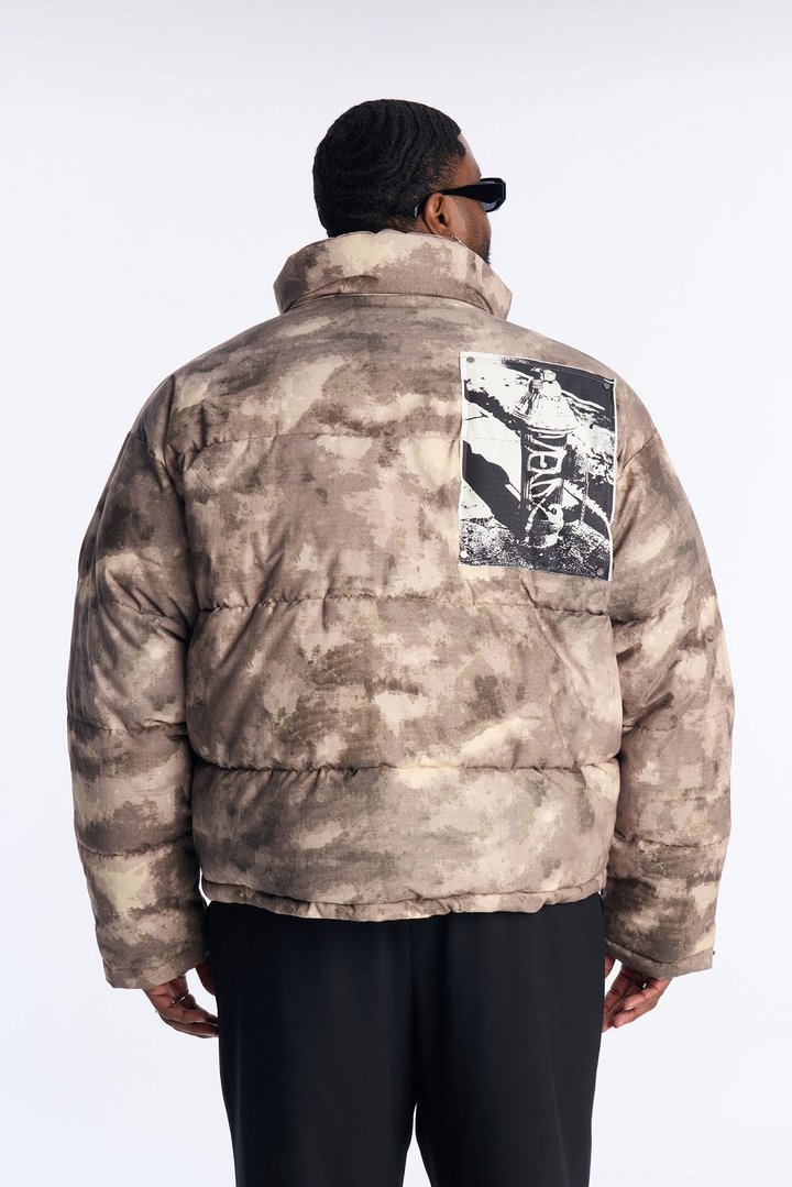 Cropped Camo Rebel Patched Puffer Jacket - Brown