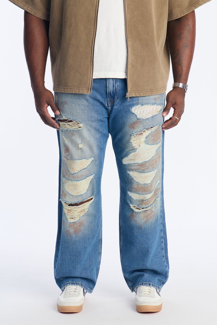 Relaxed Straight Rogue Rip And Repair Jean - Vintage Blue Wash