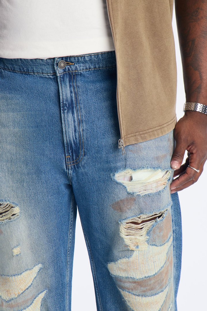 Relaxed Straight Rogue Rip And Repair Jean - Vintage Blue Wash