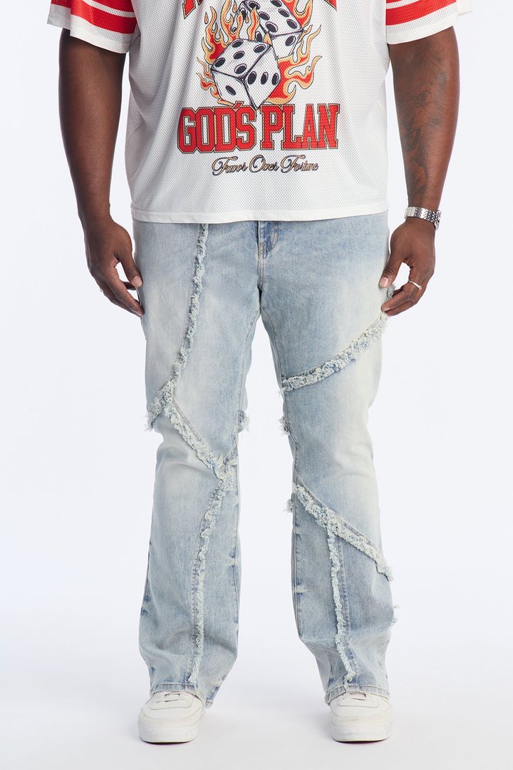 Stacked Skinny Flare Frayed Lines Jean - Light Blue Wash