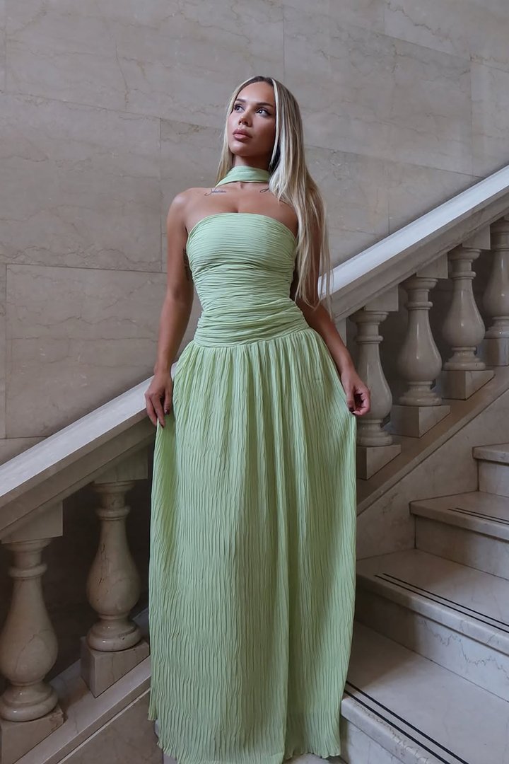 Marielle Pleated Scarf Gown - Sage