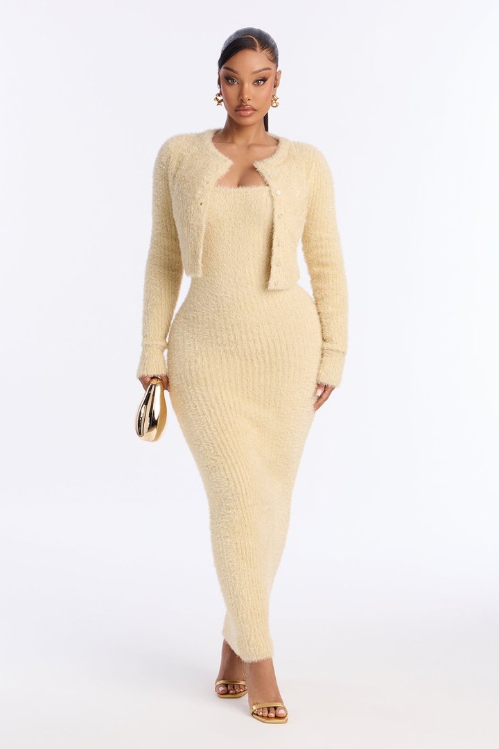 Cozied Up 2 Piece Maxi Dress Set - Champagne