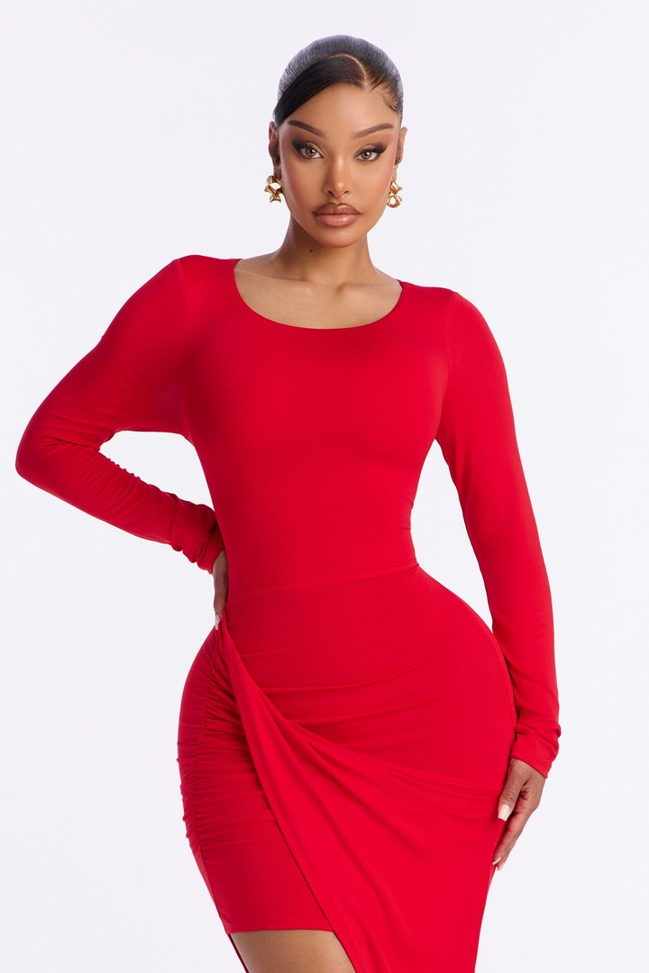 Lillien Ruched Draped Midi Dress - Red