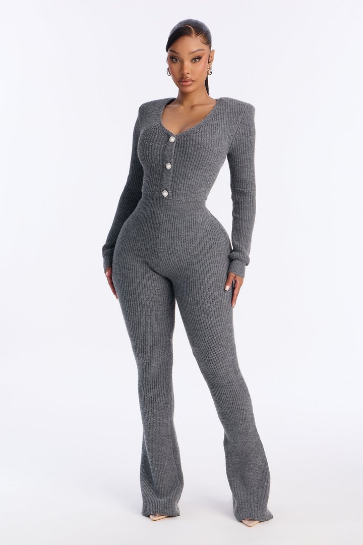 Cozy Girl Sweater Flare Leg Jumpsuit - Charcoal