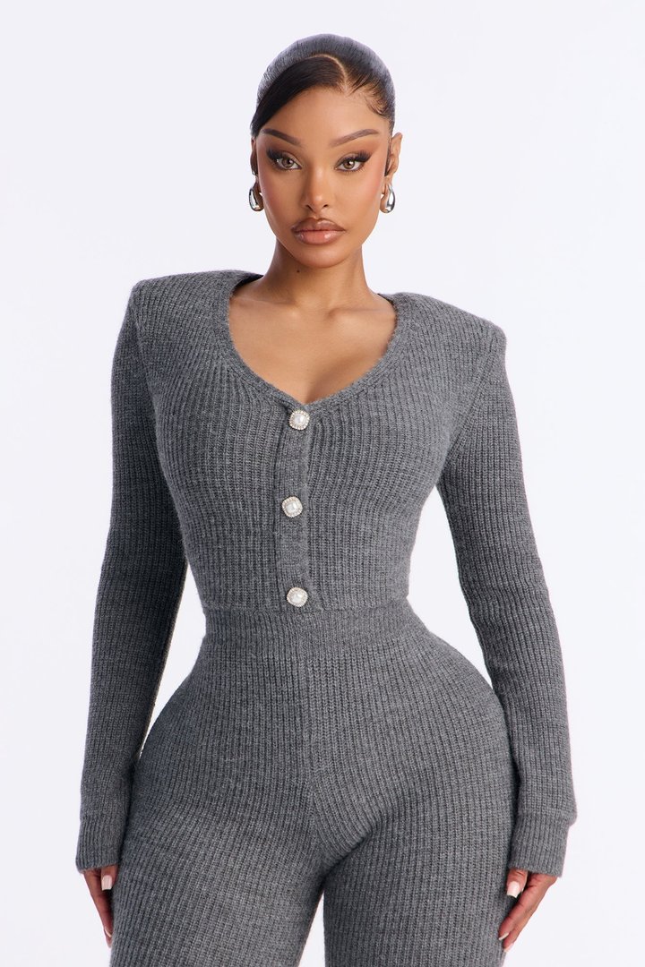 Cozy Girl Sweater Flare Leg Jumpsuit - Charcoal