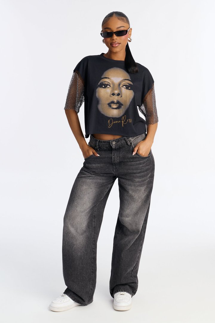 Diana Ross Rhinestone Short Sleeve Tshirt - Black