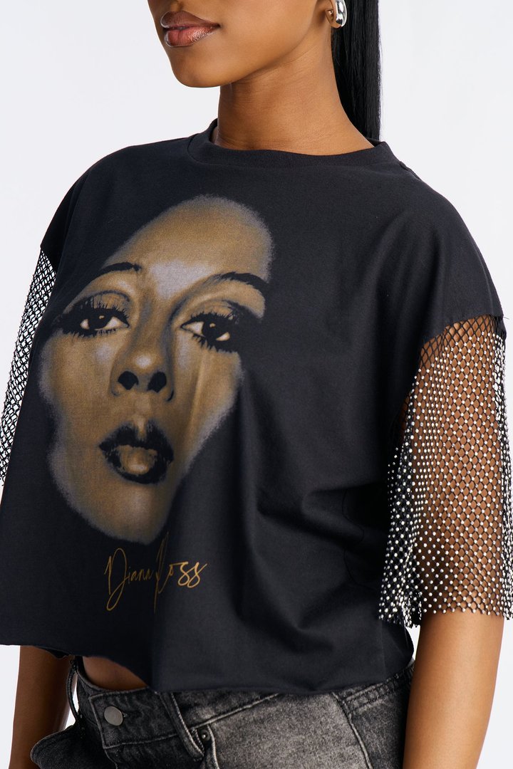 Diana Ross Rhinestone Short Sleeve Tshirt - Black