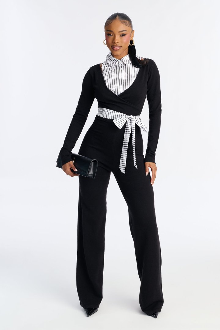 Gianna Tie Waist Collar Sweater Jumpsuit - Black/White