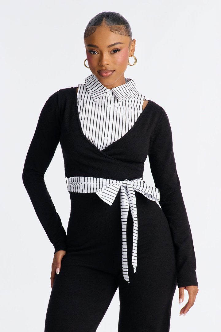 Gianna Tie Waist Collar Sweater Jumpsuit - Black/White