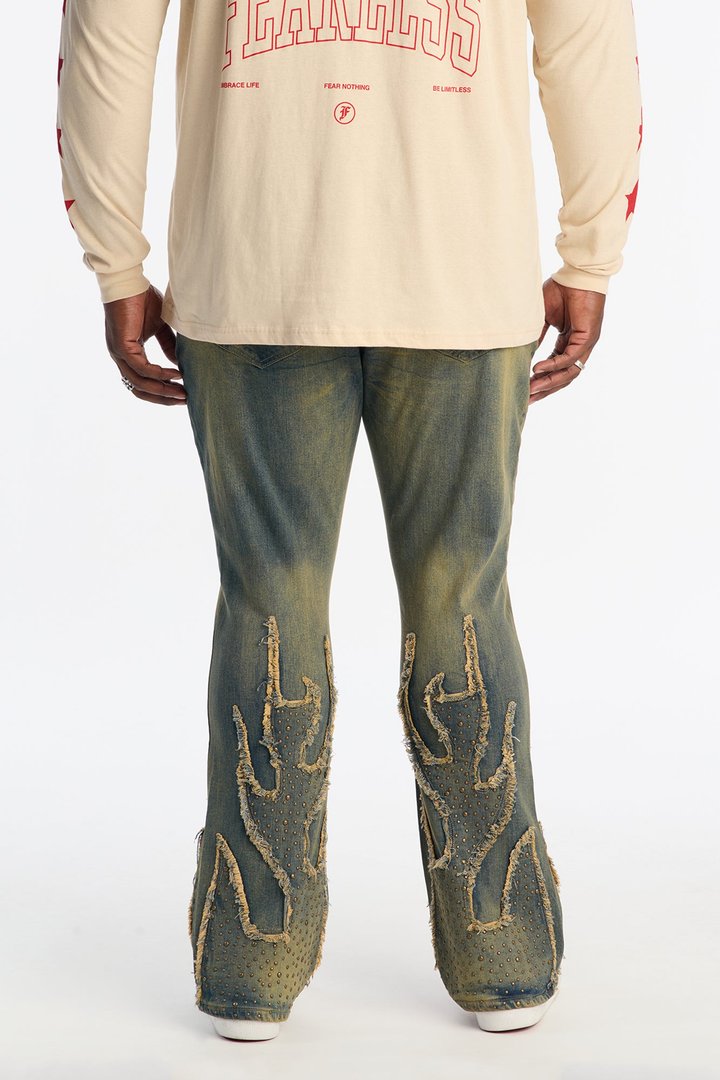 Stacked Skinny Flare Jeweled In Flames Jeans - Vintage Wash