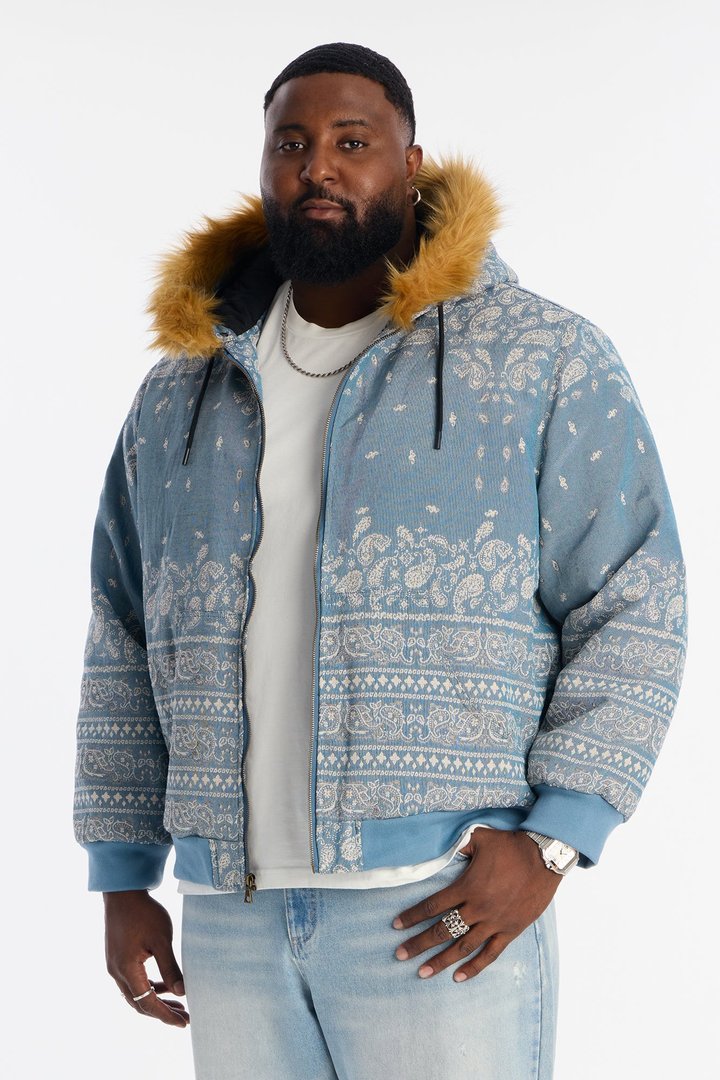 Hooded Padded Paisley Jacquard Parka - Blue