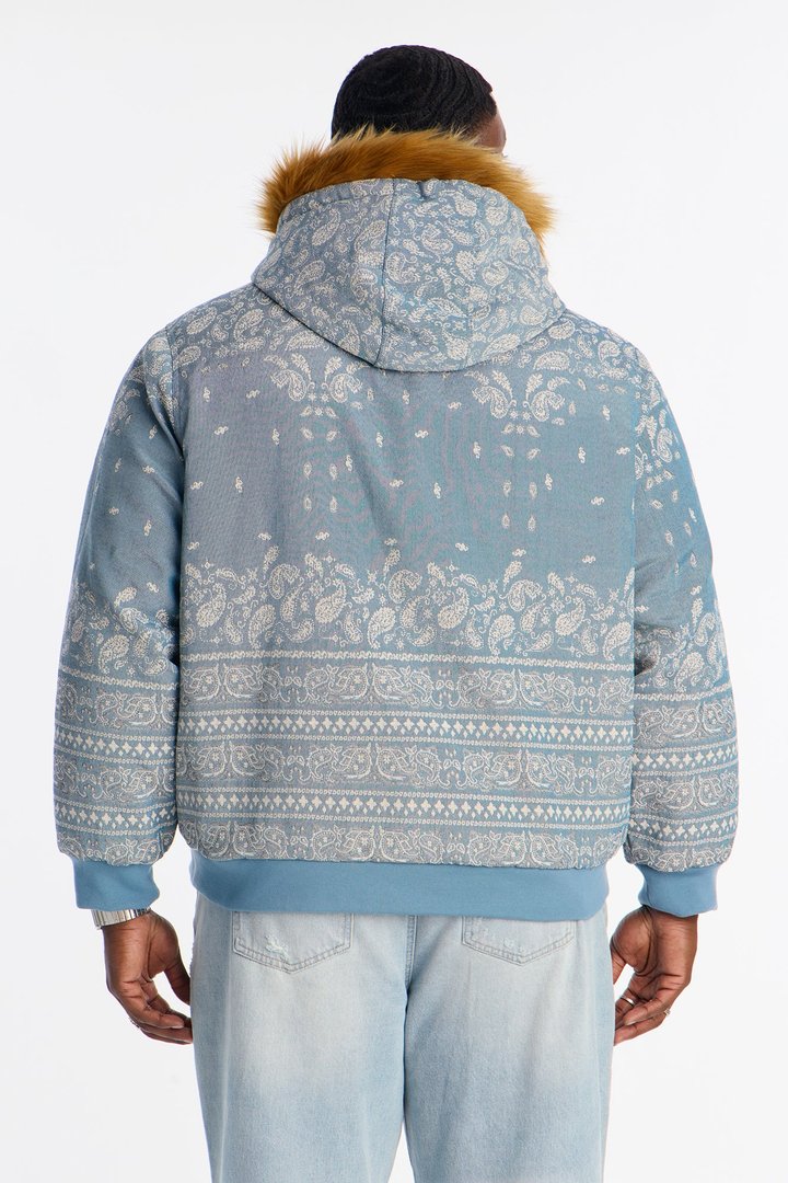 Hooded Padded Paisley Jacquard Parka - Blue