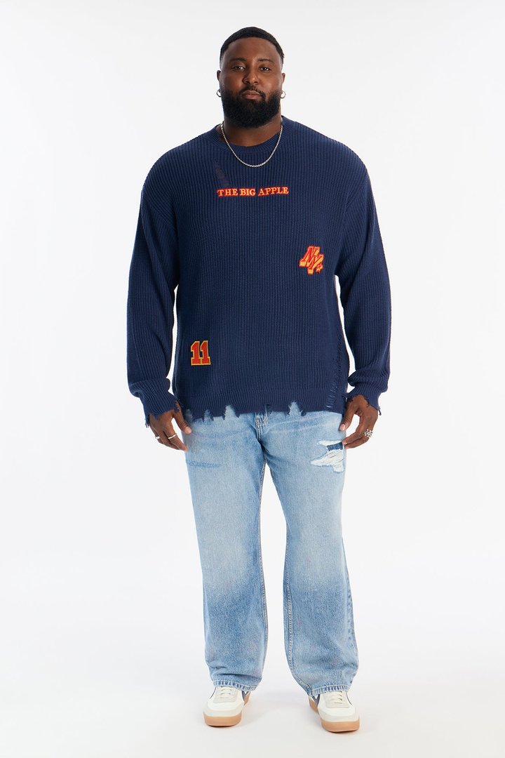 The Big Apple Distressed Sweater - Navy