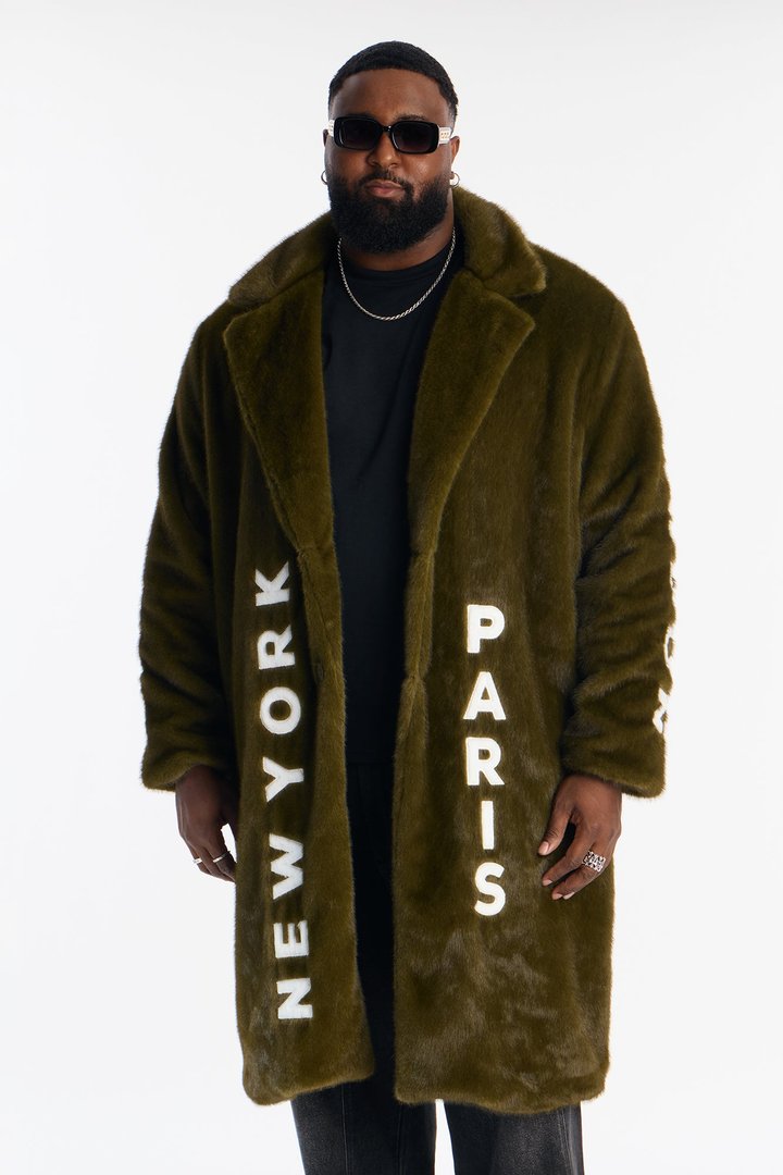 Put Him On The Map Faux Fur Coat - Olive