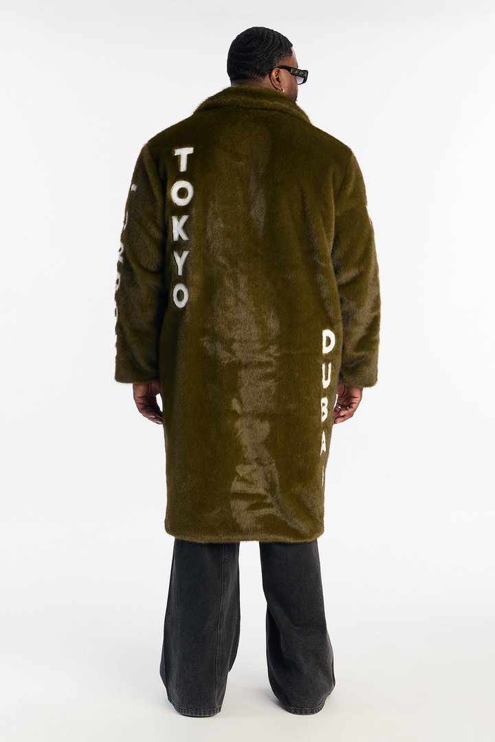 Put Him On The Map Faux Fur Coat - Olive