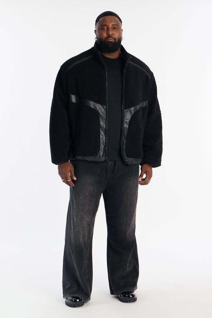 Oversized Sherpa Faux Leather Paneled Jacket - Black