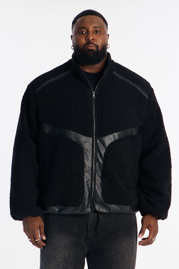 Oversized Sherpa Faux Leather Paneled Jacket - Black