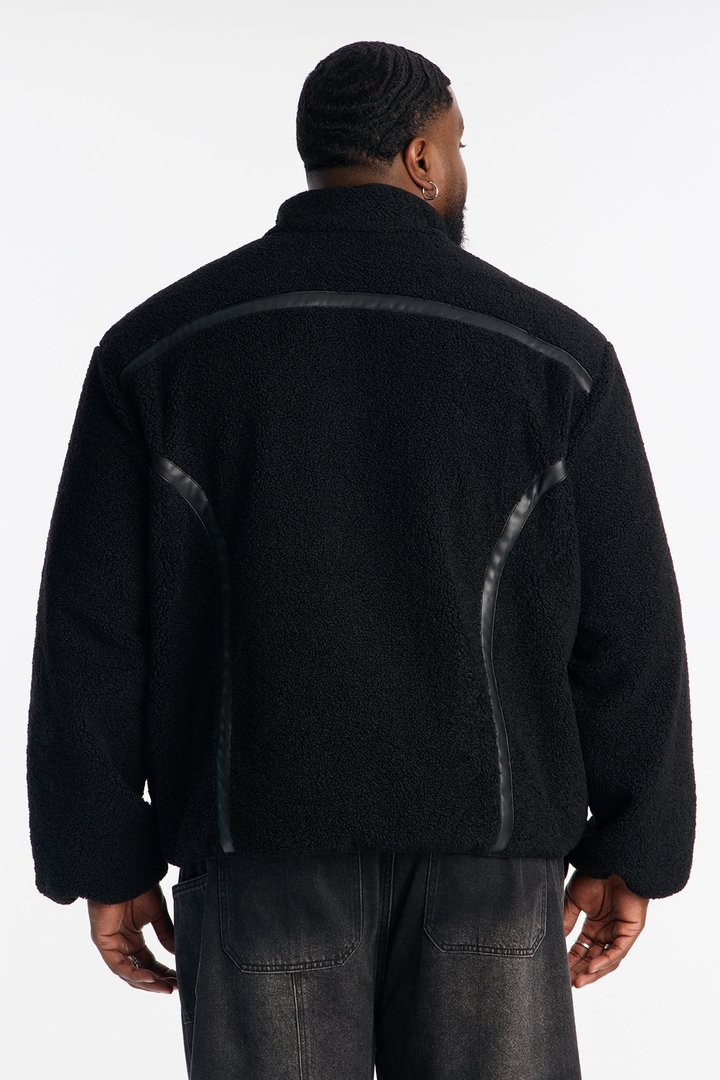 Oversized Sherpa Faux Leather Paneled Jacket - Black