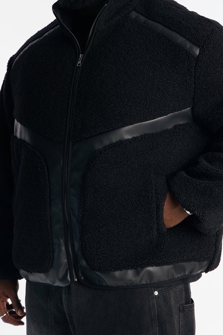 Oversized Sherpa Faux Leather Paneled Jacket - Black