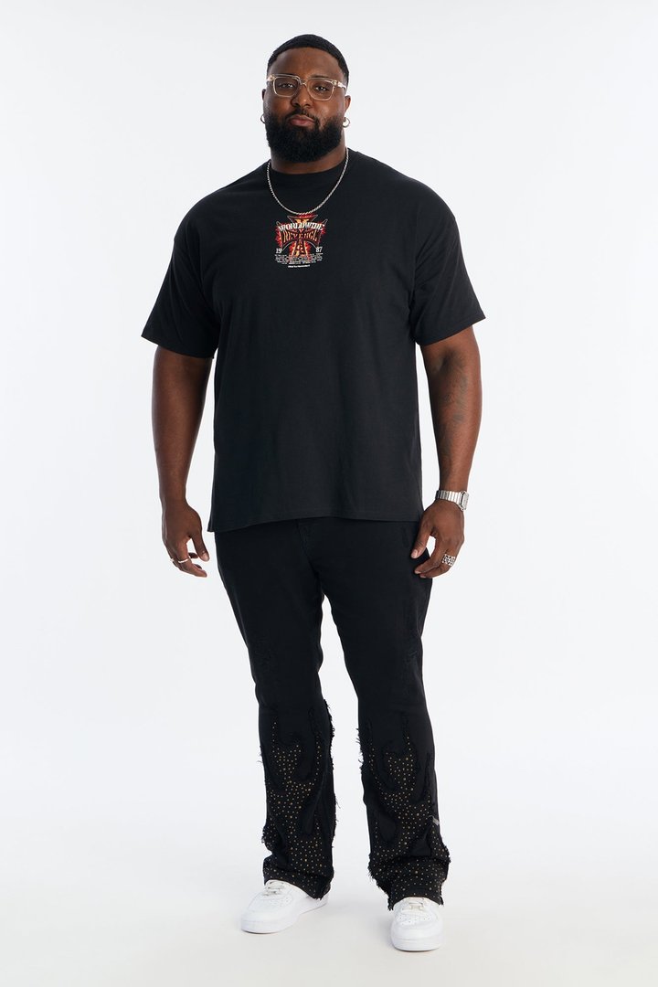 Stacked Skinny Flare Jeweled In Flames Jeans - Black