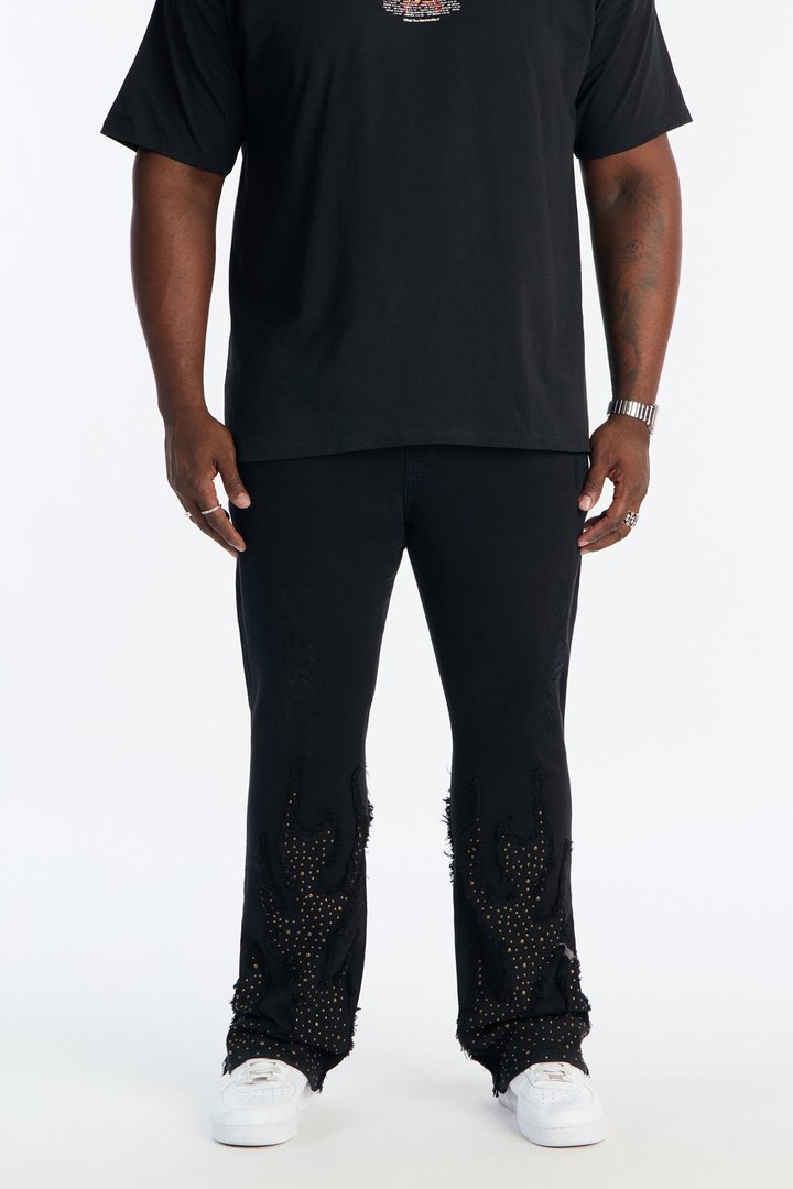 Stacked Skinny Flare Jeweled In Flames Jeans - Black
