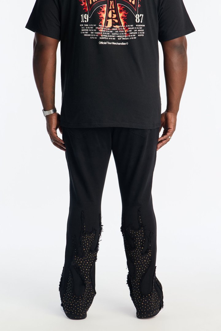 Stacked Skinny Flare Jeweled In Flames Jeans - Black