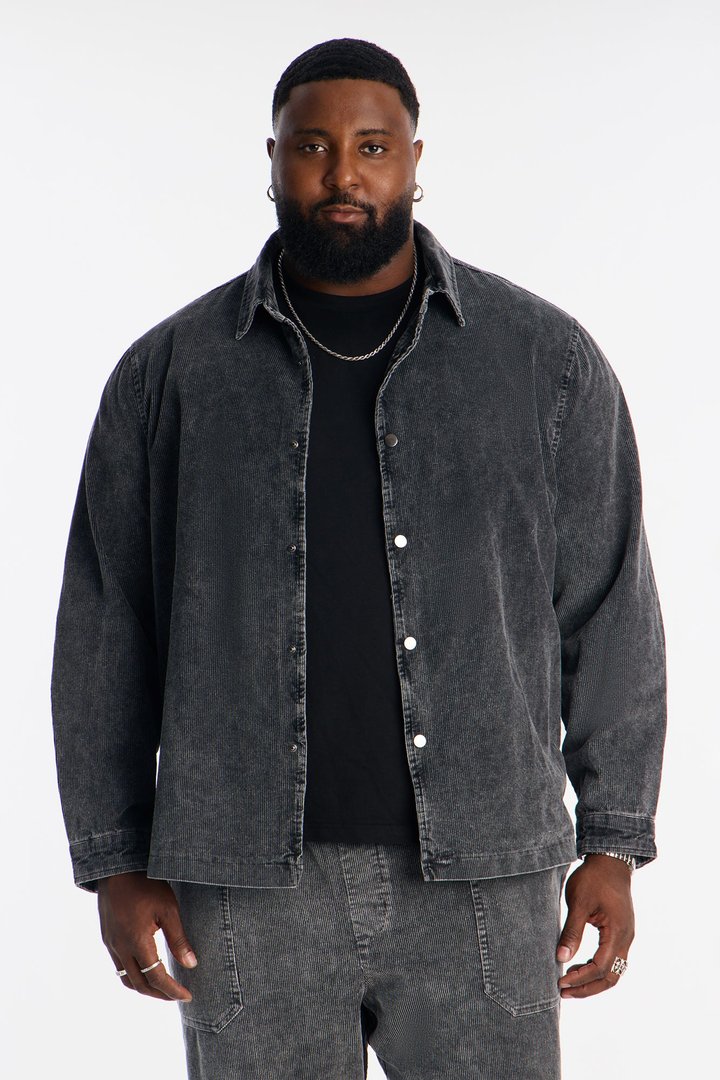 Chi Town Corduroy Button Up Shirt - Acid Wash Black